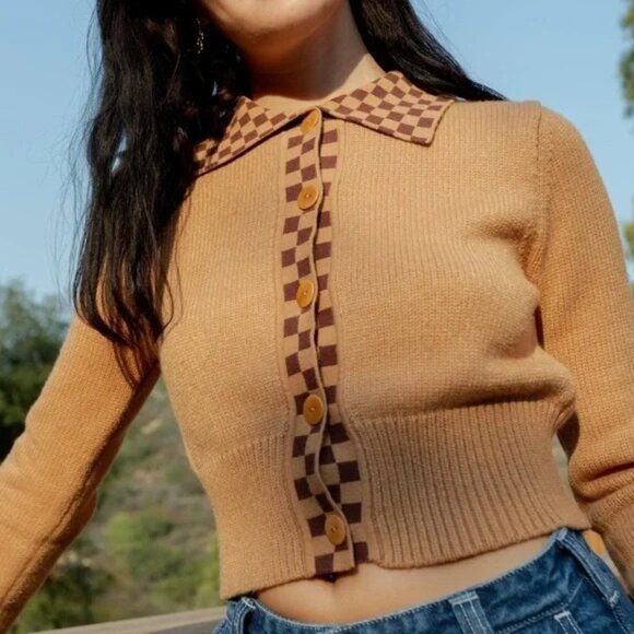 Lisa Says Gah Checkered Cropped Cardigan Sweater XS/S - Picture 1 of 9